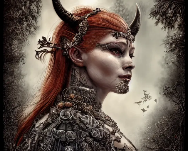 Image similar to 5 5 mm portrait photo of an armored gorgeous anesthetic redhead woman warrior with a face tattoo and horns growing from her head, and owl sitting on her shoulder in a magical forest in the style of stefan kostic, art by luis royo. highly detailed 8 k. intricate. lifelike. soft light. nikon d 8 5 0. cinematic post - processing