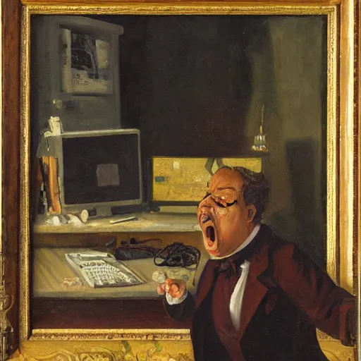 Image similar to an angry man yells at his computer monitor, oil on canvas, 1 8 8 3, highly detailed