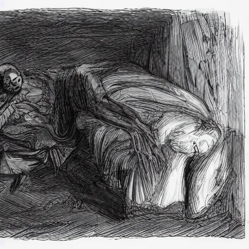 Image similar to a woman is lying in bed, asleep. suddenly, she wakes up to find a dark figure standing over her. it's a demon, come to take her soul! the woman screams and tries to run, but the demon is too fast. it catches her and drags her into the underworld, where she will be tortured for eternity.