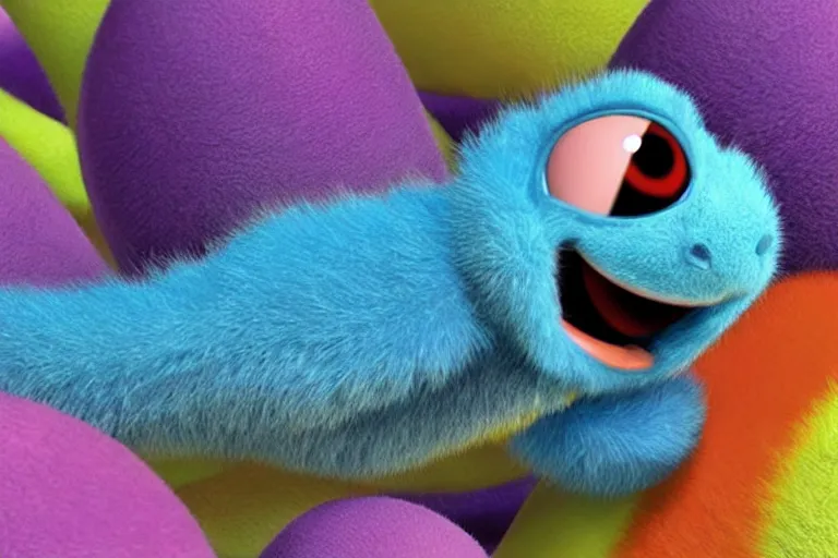 Image similar to disney pixar's a bug's life, cgi caterpillar colorful, furry caterpillar