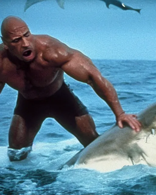 Image similar to film still close up shot of dwayne johnson wrestling with a shark in the movie jaws. photographic, photography