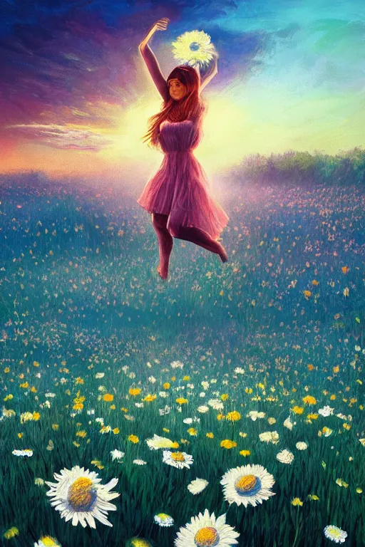 Image similar to giant white daisies flower as head, girl dancing in a flower field, surreal photography, sunrise, dramatic light, impressionist painting, colorful clouds, digital painting, artstation, simon stalenhag