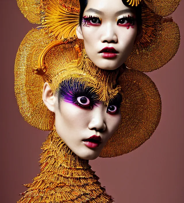 Prompt: photography american portrait of stunning model ming xi. great hair style,, half in shadow, natural pose, natural lighing, rim lighting, wearing an ornate stunning sophistical fluid dress and hat iris van herpen, colorfull newbaroque extreme makeup by benjamin puckey, highly detailed, skin grain detail, photography by paolo roversi