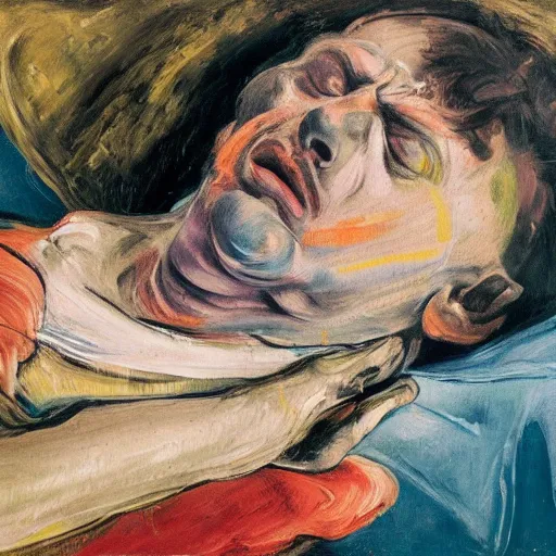 Image similar to high quality high detail expressionist painting of a man sick in bed by lucian freud and jenny saville and francis bacon and francisco goya and edvard munch, hd, anxiety, turquoise and purple and orange and pink