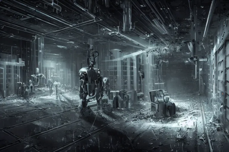 Image similar to parallax volumetric coherent gloomy colossal ruined server room in datacenter by eddie mendoza blender robot figure automata headless drone robot welder posing pacing fixing soldering mono sharp focus, emitting diodes, smoke, artillery, sparks, racks, system unit, motherboard, artstation cgsociety artofmtg hyperrealism cinematic dramatic painting concept art of detailed character design