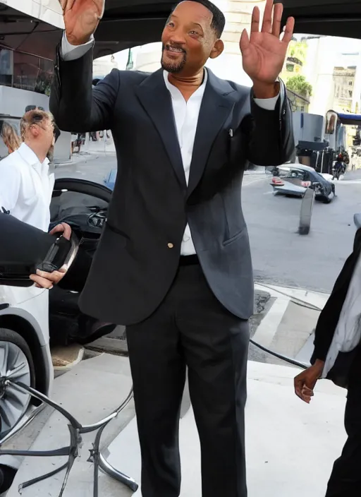 Prompt: Will Smith in a suit with an enormous hand