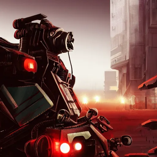 Image similar to panorama industrial military mech cyborg on a sci-fi military style motocycle, wearing bullet-riddled armor, glowing red eyes, wearing brutalist art deco industrial cyberpunk alley, dynamic dramatic dark moody lighting,shadows,cinematic atmosphere,Artstation, hyperrealistic 3D digital art,Octane render,8K 4K UHD image