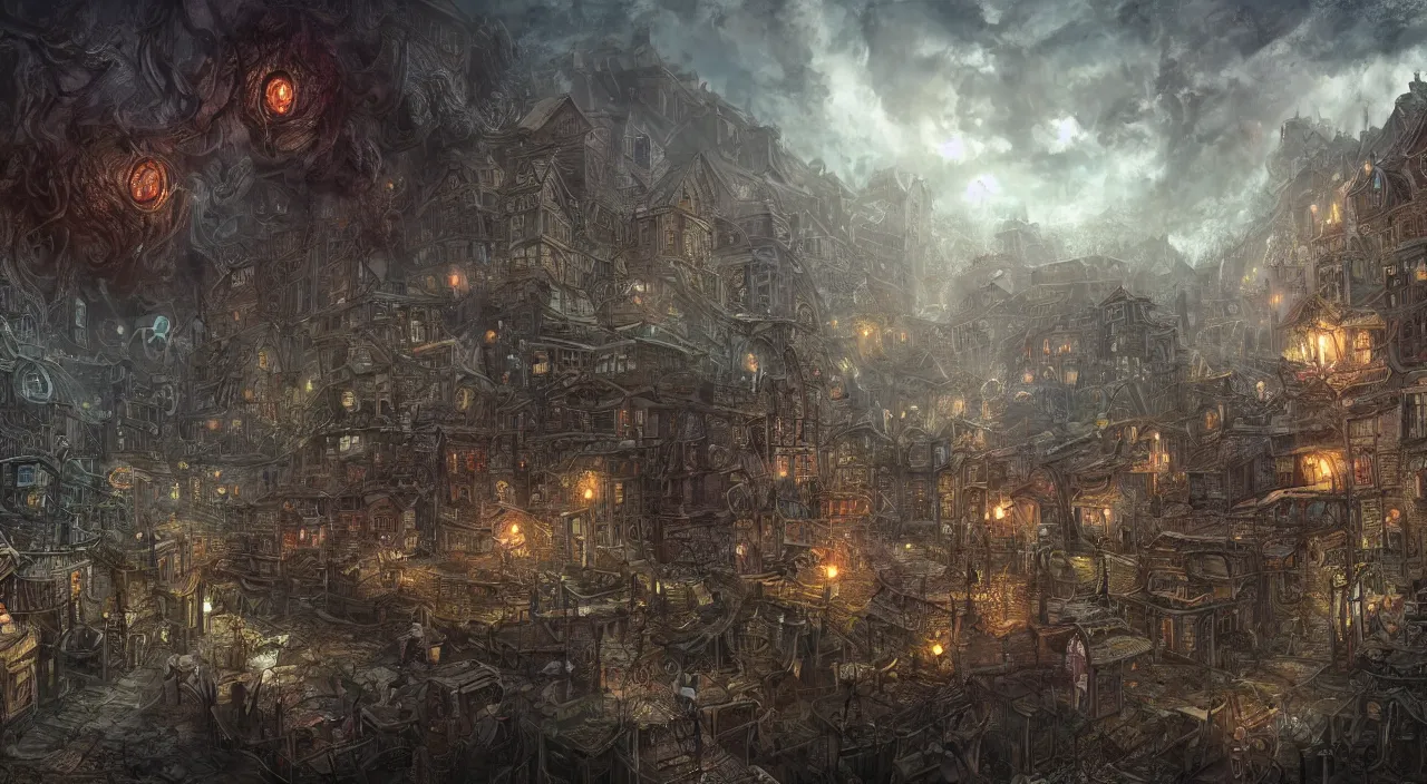 Image similar to lovecraftian town with living beings, large scale, breathtaking, mixed media, digital art, trending on artstation, 8k, epic composition, highly detailed, AAA graphics