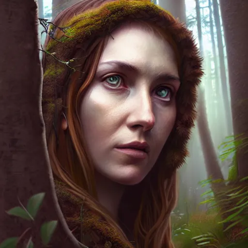 Prompt: a female woodland druid surrounded by forest animals, in the woods, hyper realistic, digital painting, photorealistic, in the style of greg rutkowski, detailed face