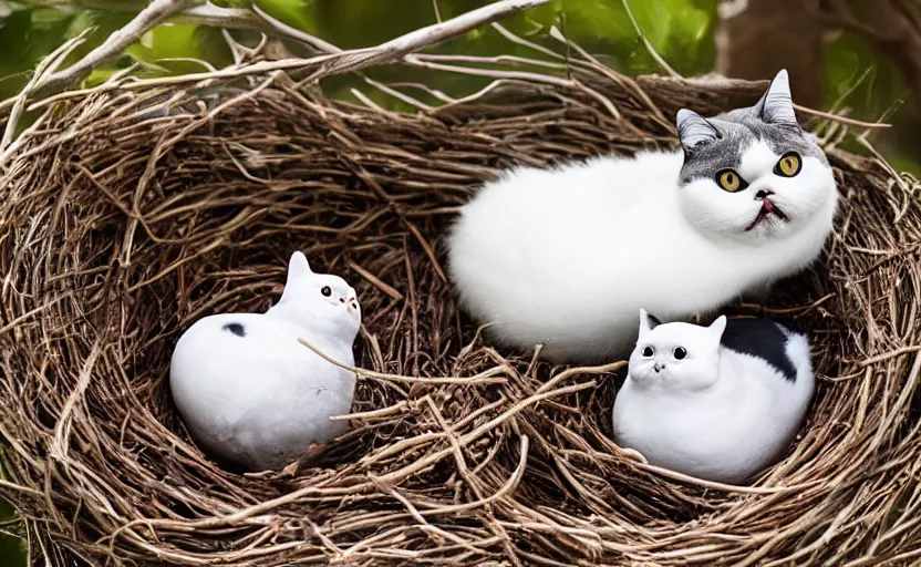 Image similar to A pigeon and an exotic shorthair cat guarding eggs in a nest, eggs, birds, nest is made of sticks, national geographic, odd, depth of field, photorealistic