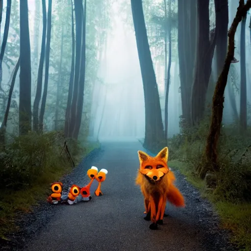 Image similar to a large druid fox muppet wearing a cloak holding a lit torch and herding a bunch of random muppet animals following behind through a dark foreboding misty blue forest at night, sesame street, photograph, photography, ultrarealistic, national geographic