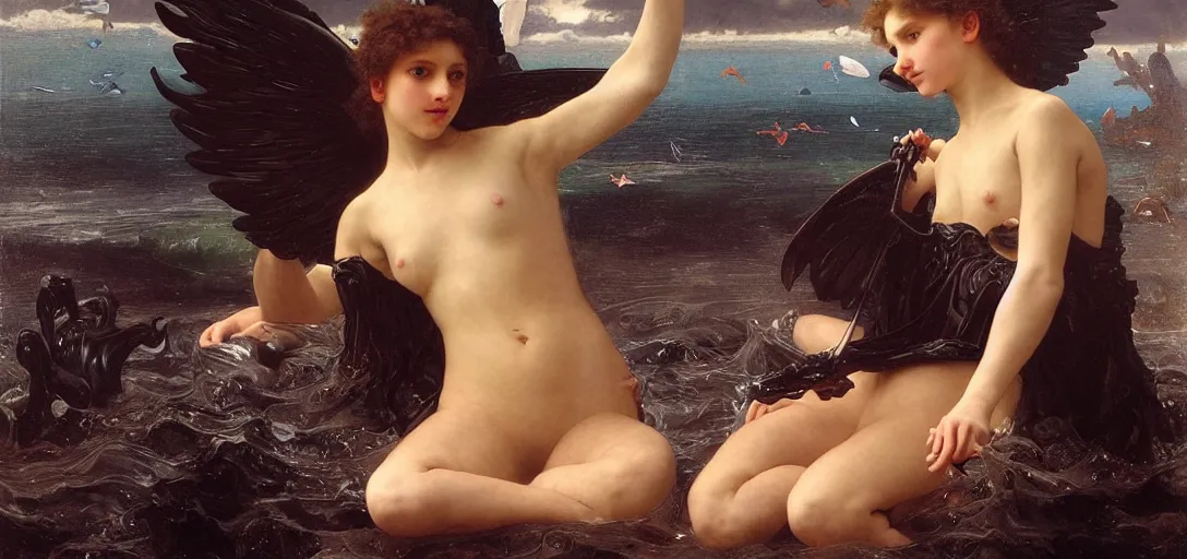 Image similar to hyperrealist highly detailed english medieval portrait of high fashion archangel swimming in black giant ferrofluid liquid ocean, Art by William Adolphe Bouguereau,, Art by William Adolphe Bouguereau,, by Annie Swynnerton and Tino Rodriguez and Maxfield Parrish, elaborately costumed, rich color, dramatic cinematic lighting, extremely detailed, radiating atomic neon corals, concept art pascal blanche dramatic studio lighting 8k wide angle shallow depth of field, Art by William Adolphe Bouguereau, extreme detailed and hyperrealistic