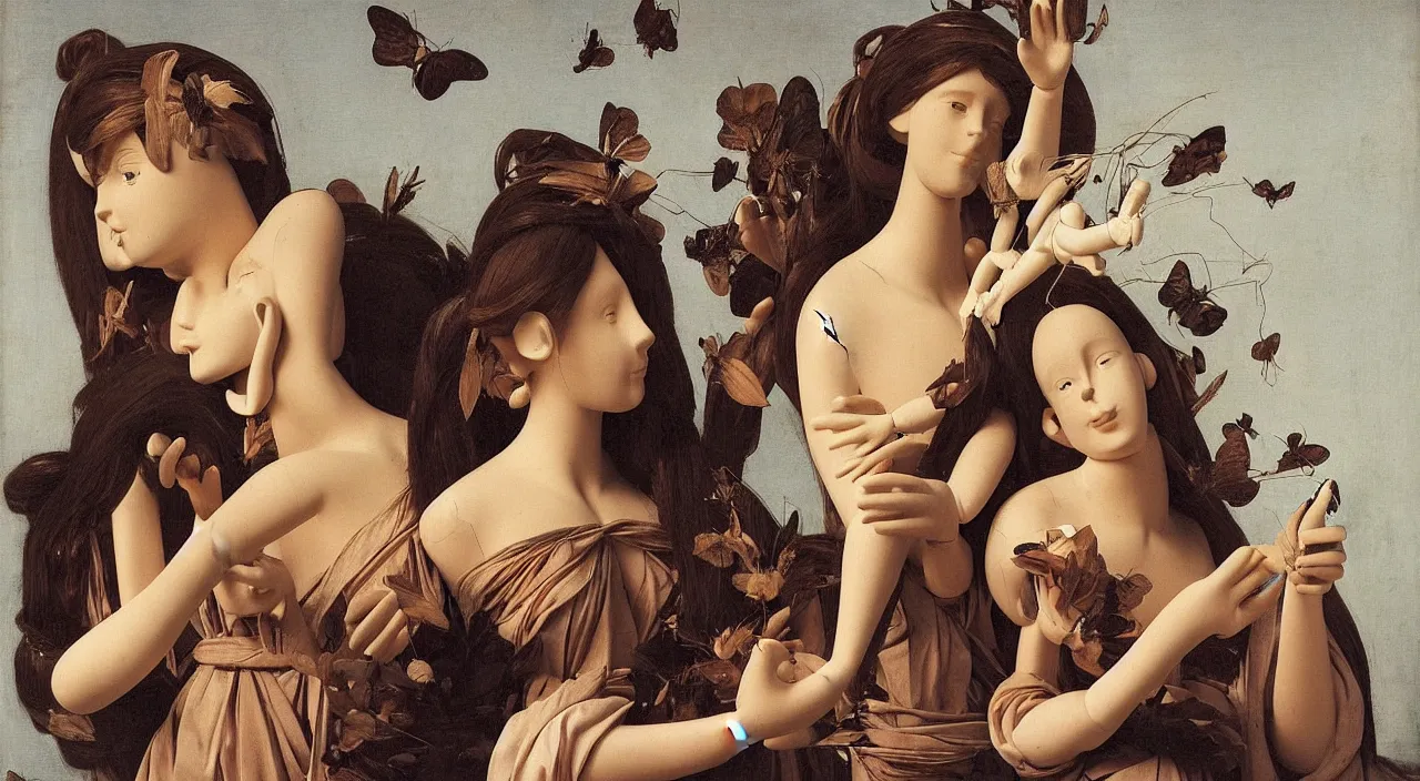 Prompt: a beautiful female mannequin, jointed wooden dolls with long flowing hair, holding each other, holding a large moth in her hands, moths, big lilies, by Raphael, by Caravaggio