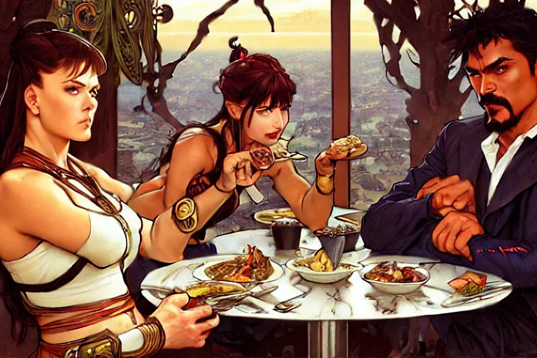 Prompt: xena warrior princess eating at a restaurant, with a hispanic man in a suit as her companion, art by artgerm and greg rutkowski and alphonse mucha