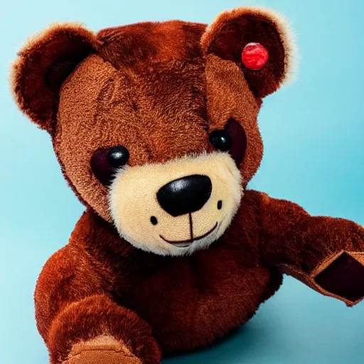 Prompt: a cyborg teddy bear covered in blood