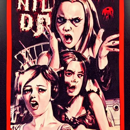 Prompt: Horror movie poster with evil Nendroid girls on a table looking up at the camera, by Graham Humphreys, movie poster, horror