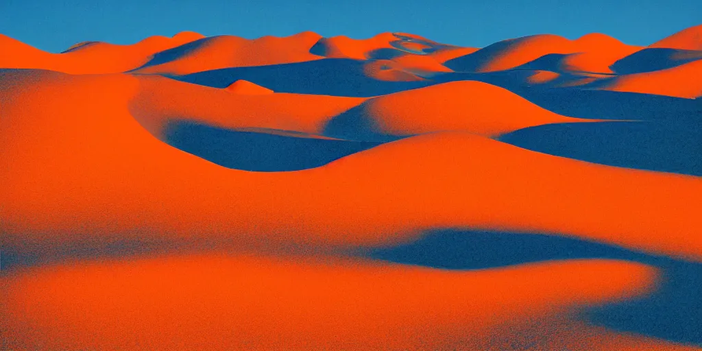 Prompt: Color photograph of orange desert ending in the blue ocean, Ansel Adams, landscape photography