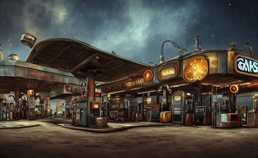 Prompt: steampunk gas station in space, 4 k, polished, photorealistic, hard edges, zoomed in, very coherent, sharp focus, rim light, exquisite lighting, hard edges, sci - fi, cinematic, game art, octane