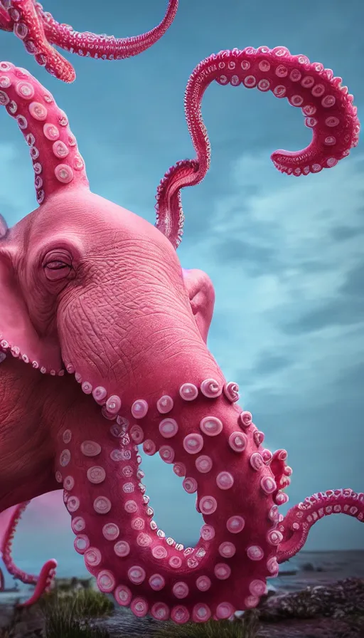 Image similar to A octopus centered-photograph of a pink elephant, film still, dynamic action pose, National Geographic, insane detail, intricate, highly detailed, Zeiss Lens, DSLR photography, smooth, sharp focus, Unreal Engine 5, Octane Render, Redshift, 8K