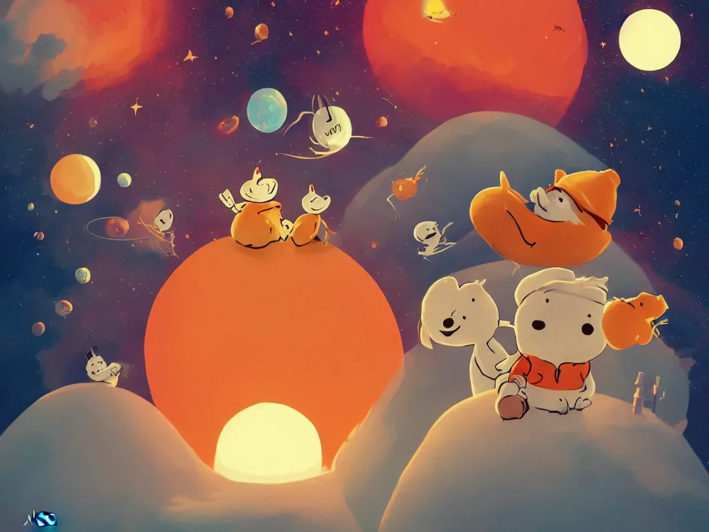 Image similar to the moomins in space, looking cute, illustration, warm colors, fluffy, cozy, hyperrealistic, low light, volumetric light, smooth, trending on artstation