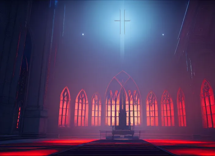 Prompt: symmetry!! centered!! ancient church of worship with red shafts of light in destiny 2, foggy, liminal, dark, dystopian, beautiful architecture, abandoned, highly detailed 4 k 6 0 fps destiny 2 promotional poster image wallpaper expansion