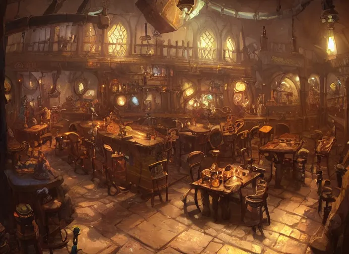 Image similar to A gnomish steampunk tavern, by Greg Rutkowski and James Gurney, trending on Artstation