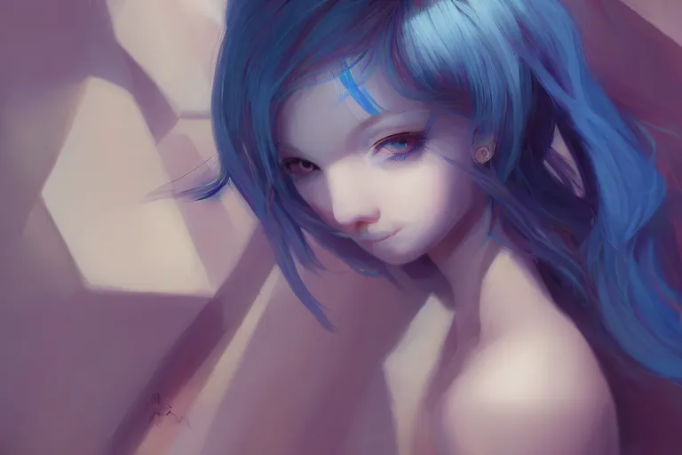 Image similar to Beautiful girl, blue hair, symmetrically, smiling, pixiv, trends artstation, artist WLOP artstation, artist Mam BA artstation