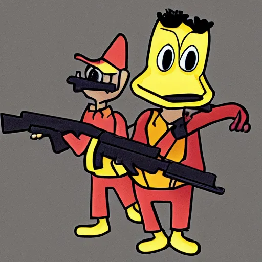 Prompt: cartoon ducks holding rifles