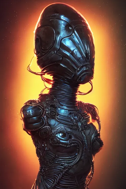 Image similar to beautiful female fused with deadite and the thing is a space hunter, legendary epic pose, ornate alien helmet, retro-futuristic, portrait, photo, intricate details, vicious appearance, by vincent di fate, artgerm, julie bell, beeple and Greg Rutkowski, 90s, concept, Smooth gradients, octane render, 8k, High contrast, duo tone, depth of field, very coherent symmetrical artwork