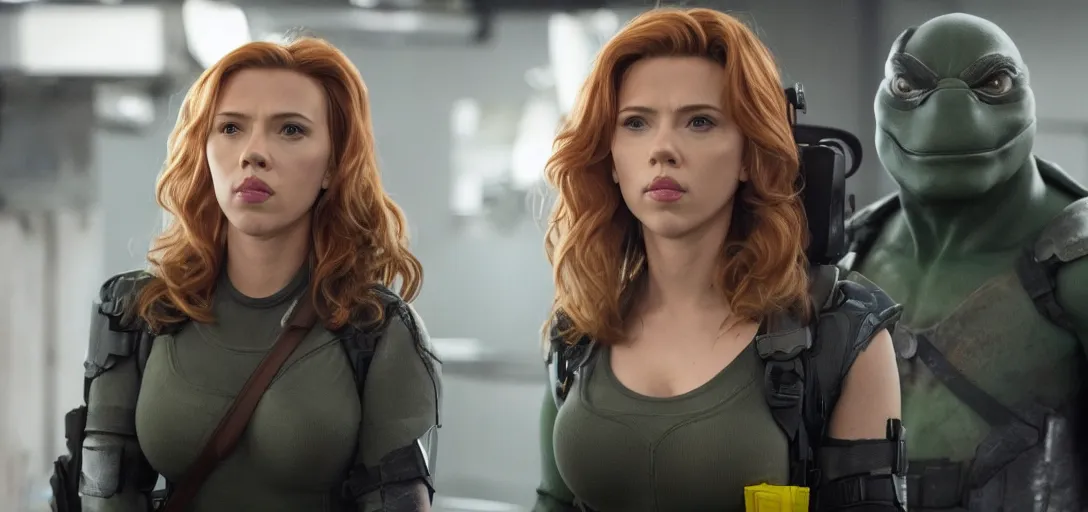 Image similar to scarlett johansson playing reporter april o'neil in the remake of teenage mutant ninja turtles, movie still, 8 k, # nostalgia