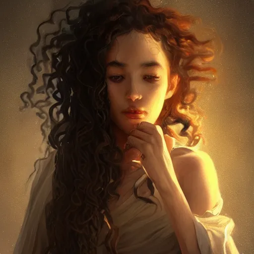 Prompt: character design, medieval, a woman with long dark curly hair and white eyes, stoic, brown skin, alone dramatic, epic painting, painted by wlop and nixeu, cgsociety, beautiful, semirealism, artbreeder, artstation, volumetric light, octane render, sharpness, 8 k, golden ratio