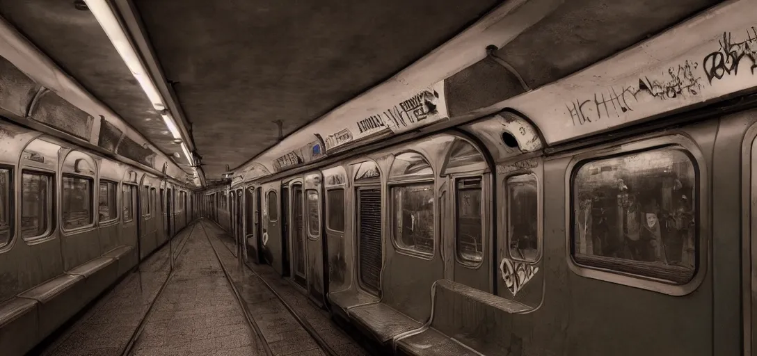 Prompt: old new york Subway car painted with Graffiti, mord182, dramatic lighting, cinematic, establishing shot, extremly high detail, photo realistic, cinematic lighting, post processed, concept art, artstation, matte painting, style by eddie mendoza, raphael lacoste, alex ross