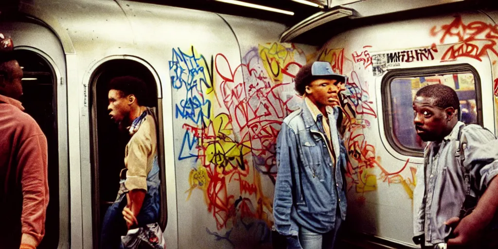 Image similar to new york subway cabin 1 9 8 0 s inside all in graffiti, black guy threatens another black guy with a gun, coloured film photography, christopher morris photography, bruce davidson photography