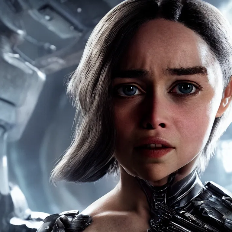 Image similar to scifi emilia clarke looks like alita battle angel, elegant lady, big eyes, smiling face, extremely high detail, extremely high detailed face, cyborg, photorealism, emilia clarke, sony a 7 r