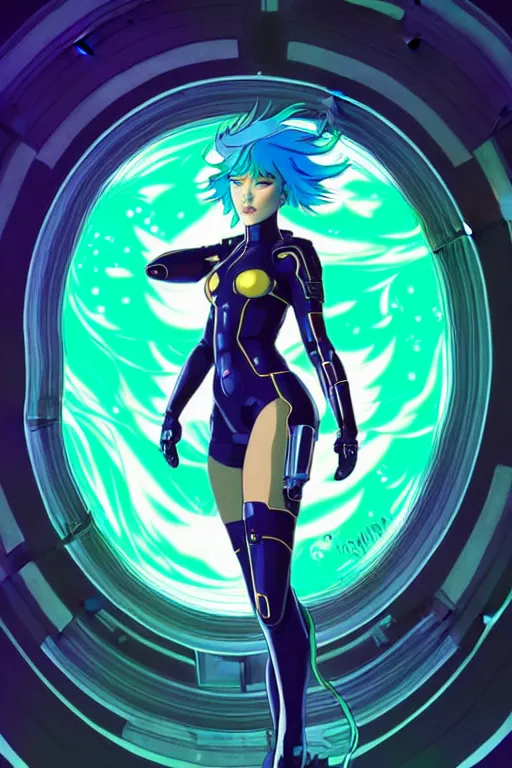 Image similar to style artgerm, joshua middleton, illustration, scarlett johansson as cyber punk warrior ghost in the shell wearing green pelt light armor, anime eyes, blue hair, swirling water cosmos, fantasy, dnd, cinematic lighting