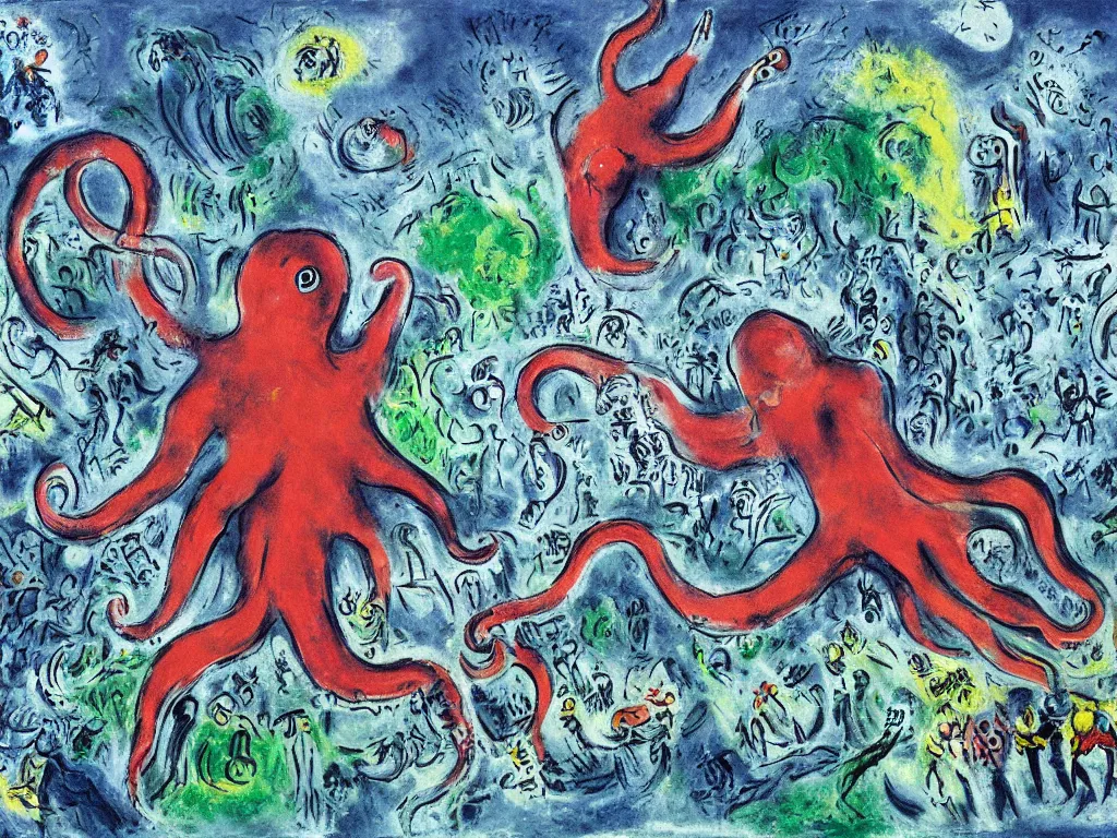 Image similar to giant octopus attacking London, painting by chagall, 4k