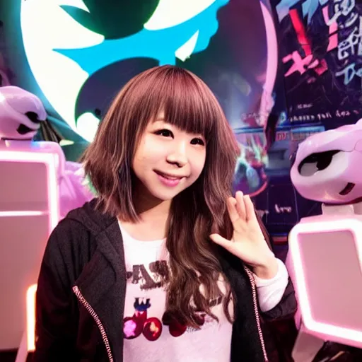 Image similar to chiaki nanami, a japanese girl with light hair in a bob that curls outward, a galaga hairpin, a dark turquoise hoodie, and a kind face stars in a broadway show, chiaki nanami from danganronpa, proshot getty images fullbody stage lights, gamer themed, professional photography