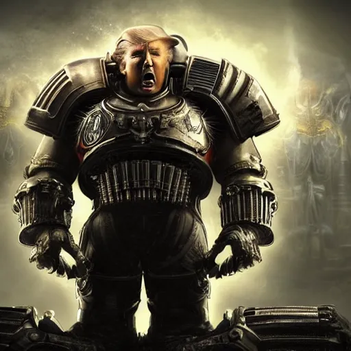 Image similar to Portrait of donald trump as the emperor of humanity from warhammer 40k in Gears of War, splash art, movie still, detailed face, photorealistic facial features, cinematic lighting, dramatic, octane render, long lens, shallow depth of field, bokeh, anamorphic lens flare, 8k, hyper detailed, 35mm film grain