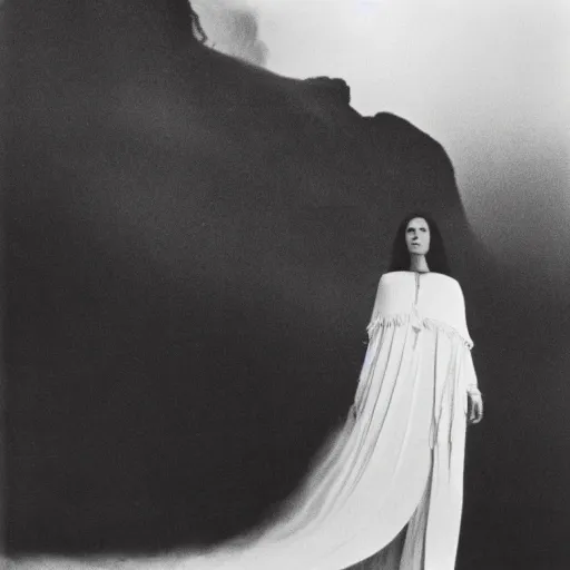 Image similar to 1 9 7 0's artistic spaghetti western movie, a woman in a giant billowy wide flowing waving dress made out of white smoke, standing inside a dark western rocky scenic landscape, volumetric lighting, backlit, moody, atmospheric