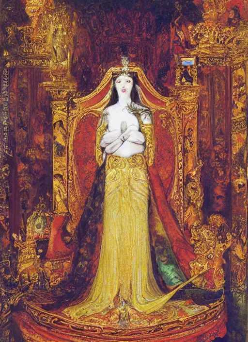 Image similar to oil painting of portait Queen of Ecstasy in a large throne room, Hungarian, by Yoshitaka Amano, by Georgia o Keeffe, by Gustave Moreau