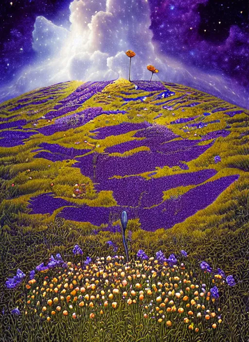 Image similar to detailed, intricate blue black and purple papaverum flower on the field, nebula, galaxy in the sky, winning award masterpiece, fantastically beautiful, illustration, aestheticly inspired, jacek yerka, upscale with anguissola sofonisba work, artstation, 8 k