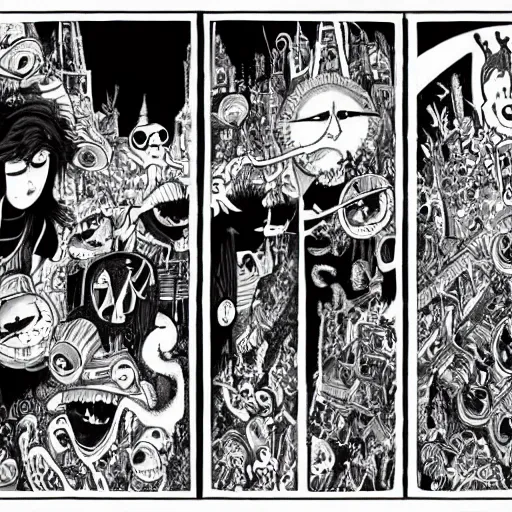 Prompt: black and white trippy comic art of global tourism, drawn by Martin Rowson, Tim Burton, Studio Ghibli, Alex Pardee, Nekro Petros Afshar, James McDermott, cgsociety 4K