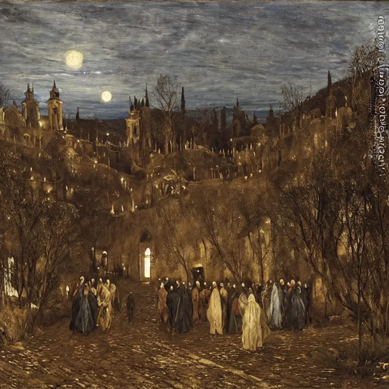 Image similar to A Holy Week procession of souls in a Spanish landscape at night. A figure at the front holds a cross. El Greco, John Atkinson Grimshaw. Blue tint.