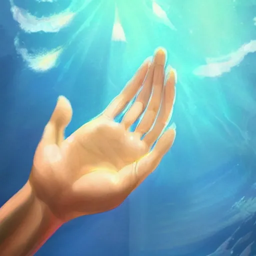Prompt: hand reaching down into the water, crystal clear water, light refraction. in the style of hand study, artstation trending, digital art, underwater. by studio ghibli