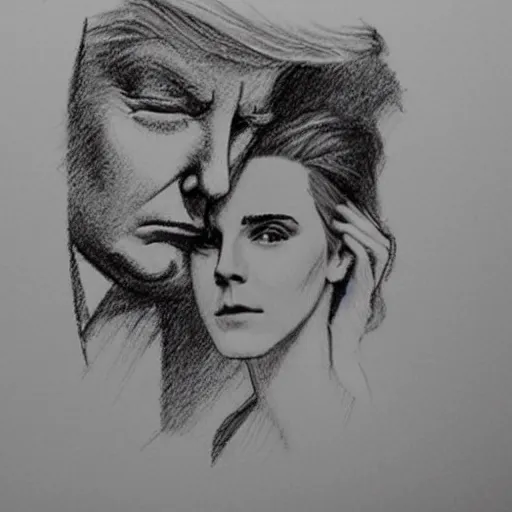 Prompt: emma watson kissing donald trump pencil sketch,