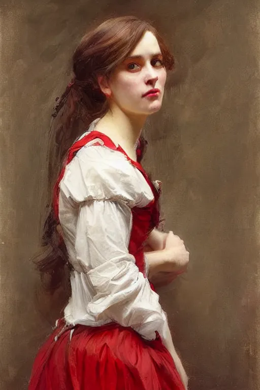 Image similar to Solomon Joseph Solomon and Richard Schmid and Jeremy Lipking victorian genre painting full length portrait painting of a young beautiful woman traditional german french barmaid in fantasy costume, red background