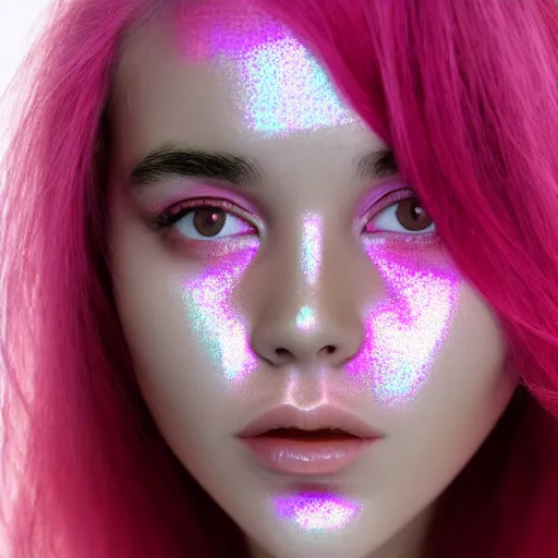 Prompt: of a pink hair girl with a holographic detailed face
