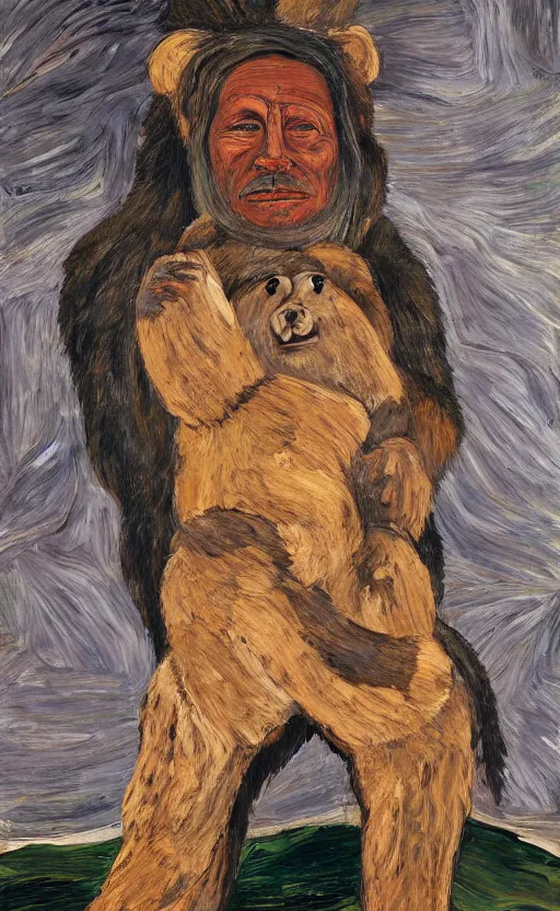 Prompt: full body shot picture of indigenous people leader leaning on a bear, painted by lucian freud, hd, super detailed, realistic, muted colors