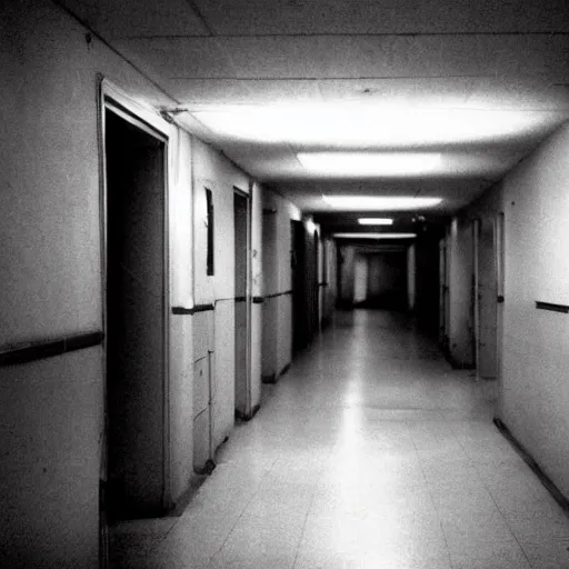 Image similar to decrepit hospital hallway, blurry shadow figure peeking through a corner, craigslist photo