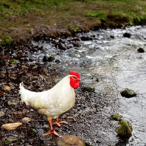 Prompt: a chicken next to a stream